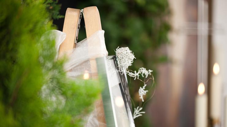 Staffelei mit einem eingewickelten Bilderrahmen und dekorativen Zweigen vor unscharfem, grünem Hintergrund.